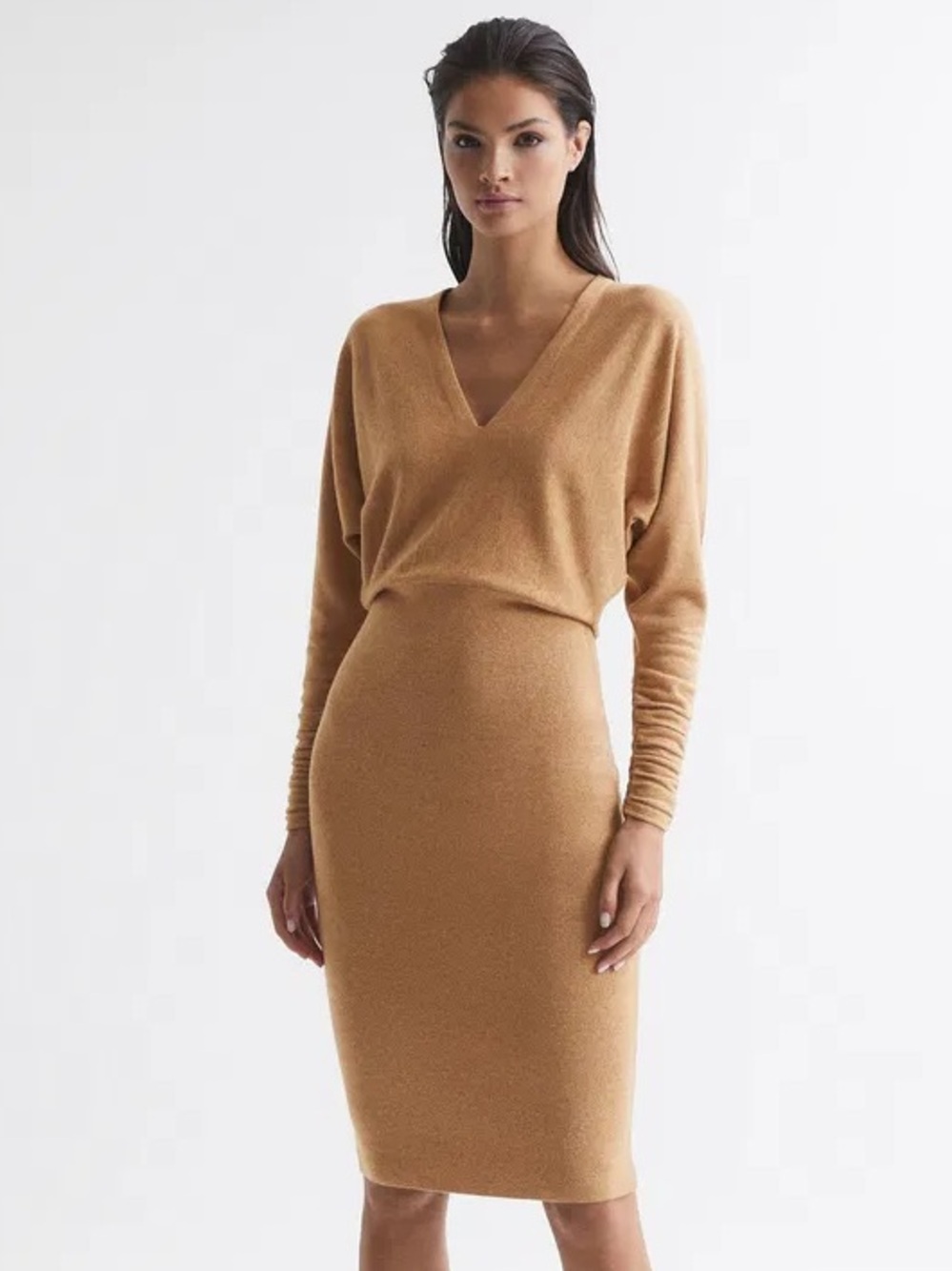 Reiss Sz L Jenna Wool Cashmere Brown Tan Knit Midi Sweater Dress